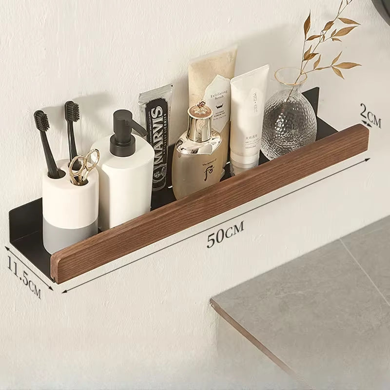 Bathroom Shelf，No Punch Storage Rack，Solid Wood Bathroom Shelves ，Punch-Free Wooden Shelf Wall-Mounted Shower，Toilet Organizer