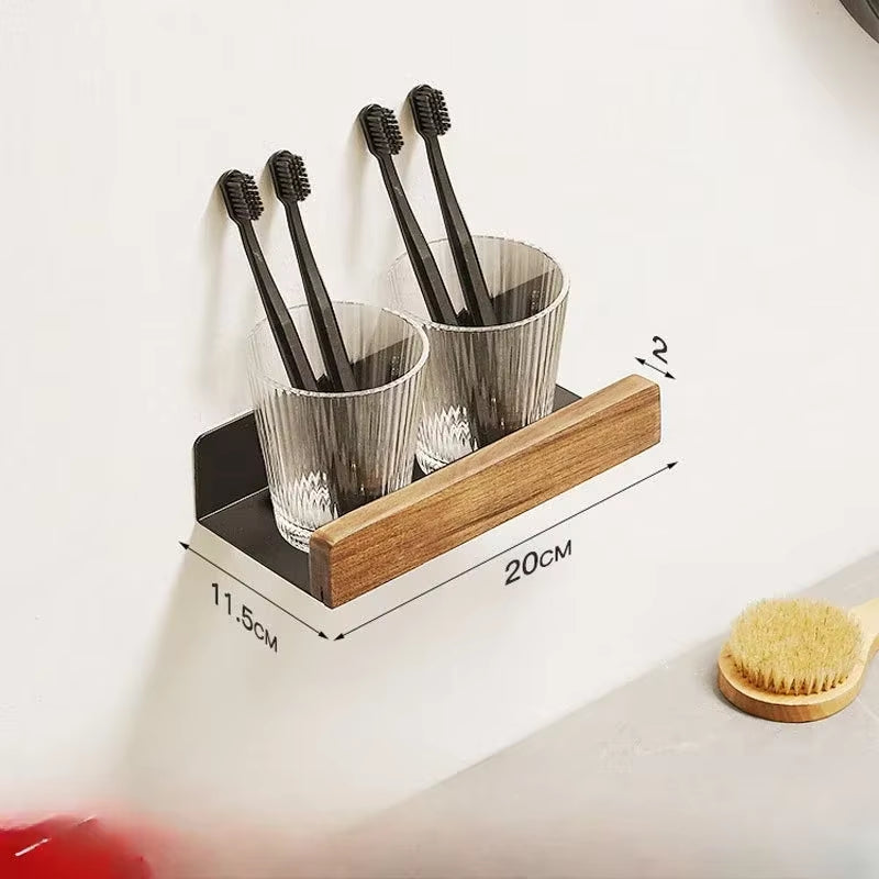 Bathroom Shelf，No Punch Storage Rack，Solid Wood Bathroom Shelves ，Punch-Free Wooden Shelf Wall-Mounted Shower，Toilet Organizer