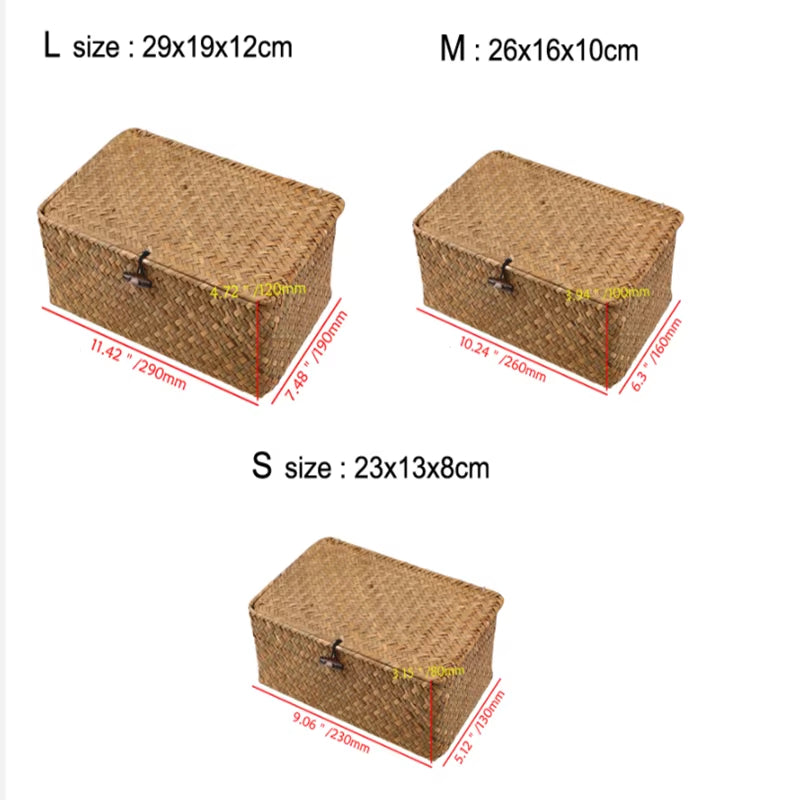 -Wicker Woven Storage Basket with Lid, Rattan Sundries Storage Box, Handmade Sorting Boxes, Seagrass Jewelry Organizer