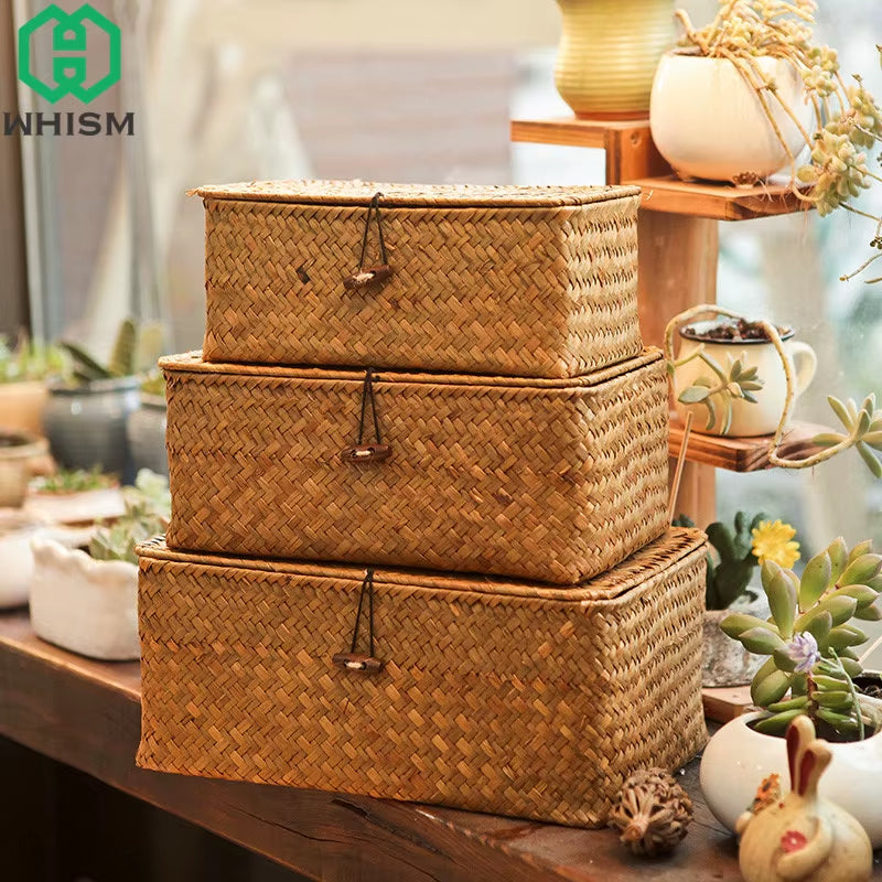 -Wicker Woven Storage Basket with Lid, Rattan Sundries Storage Box, Handmade Sorting Boxes, Seagrass Jewelry Organizer