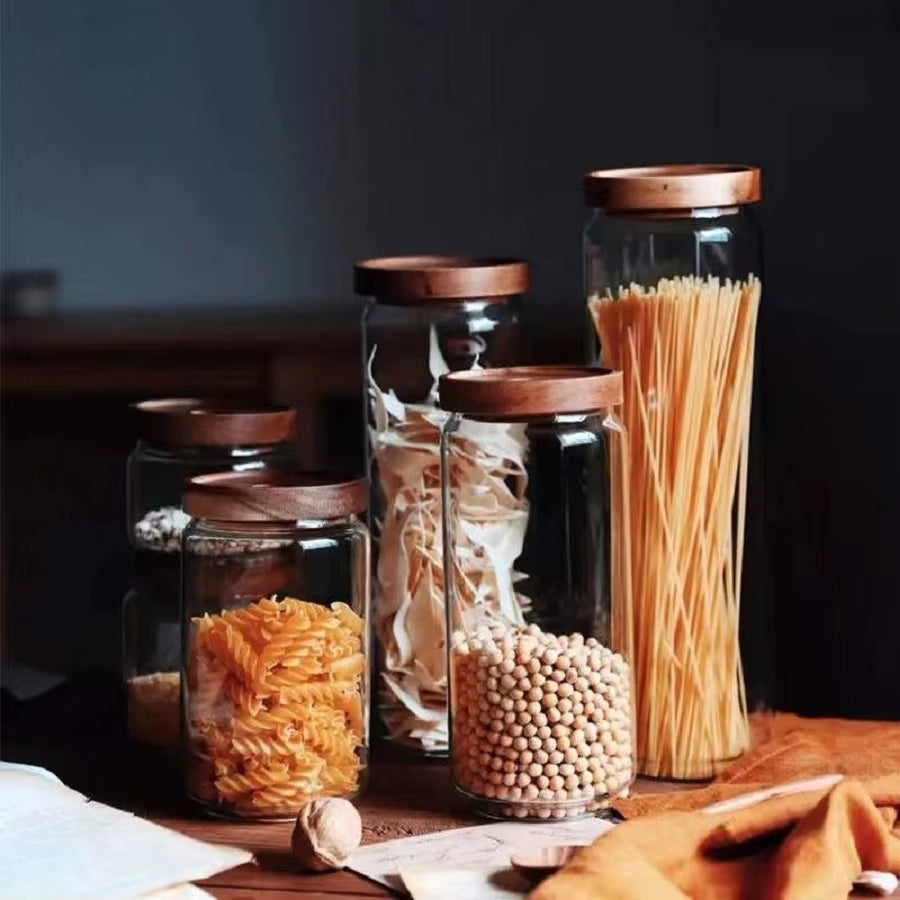 450/750/1000/1500ML Glass Food Storage Canisters, Bpa-Free Kitchen Jars with Airtight Bamboo Lids for Pasta Coffee Beans&Candies