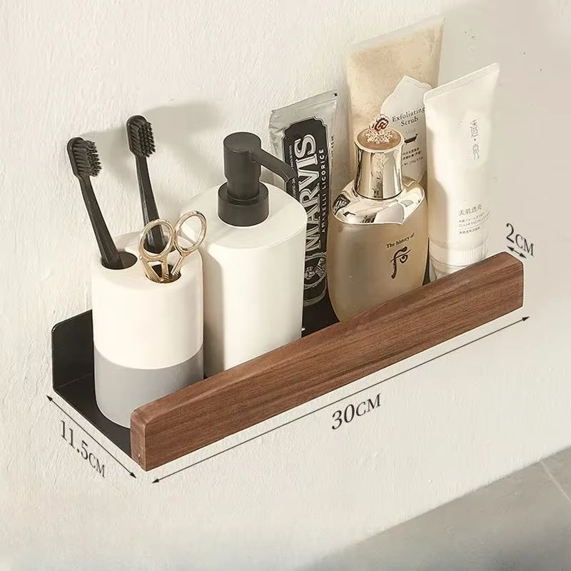 Bathroom Shelf，No Punch Storage Rack，Solid Wood Bathroom Shelves ，Punch-Free Wooden Shelf Wall-Mounted Shower，Toilet Organizer
