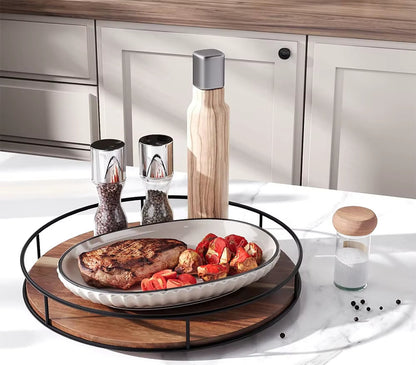 LMETJMA Acacia Wood Lazy Susan Turntable with Metal Frame Kitchen Susans Organizer Countertop Storage Wooden Serving Tray Rack