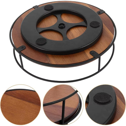 LMETJMA Acacia Wood Lazy Susan Turntable with Metal Frame Kitchen Susans Organizer Countertop Storage Wooden Serving Tray Rack