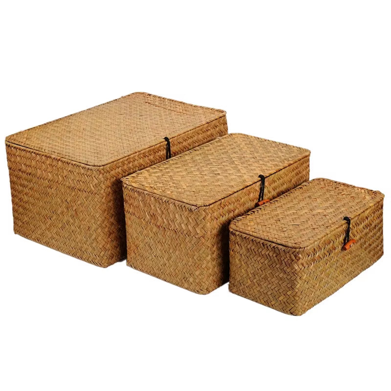 -Wicker Woven Storage Basket with Lid, Rattan Sundries Storage Box, Handmade Sorting Boxes, Seagrass Jewelry Organizer