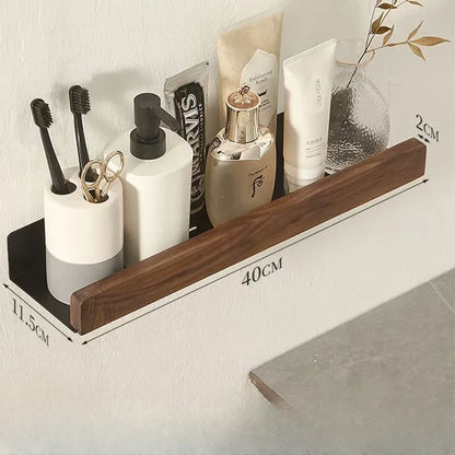 Bathroom Shelf，No Punch Storage Rack，Solid Wood Bathroom Shelves ，Punch-Free Wooden Shelf Wall-Mounted Shower，Toilet Organizer