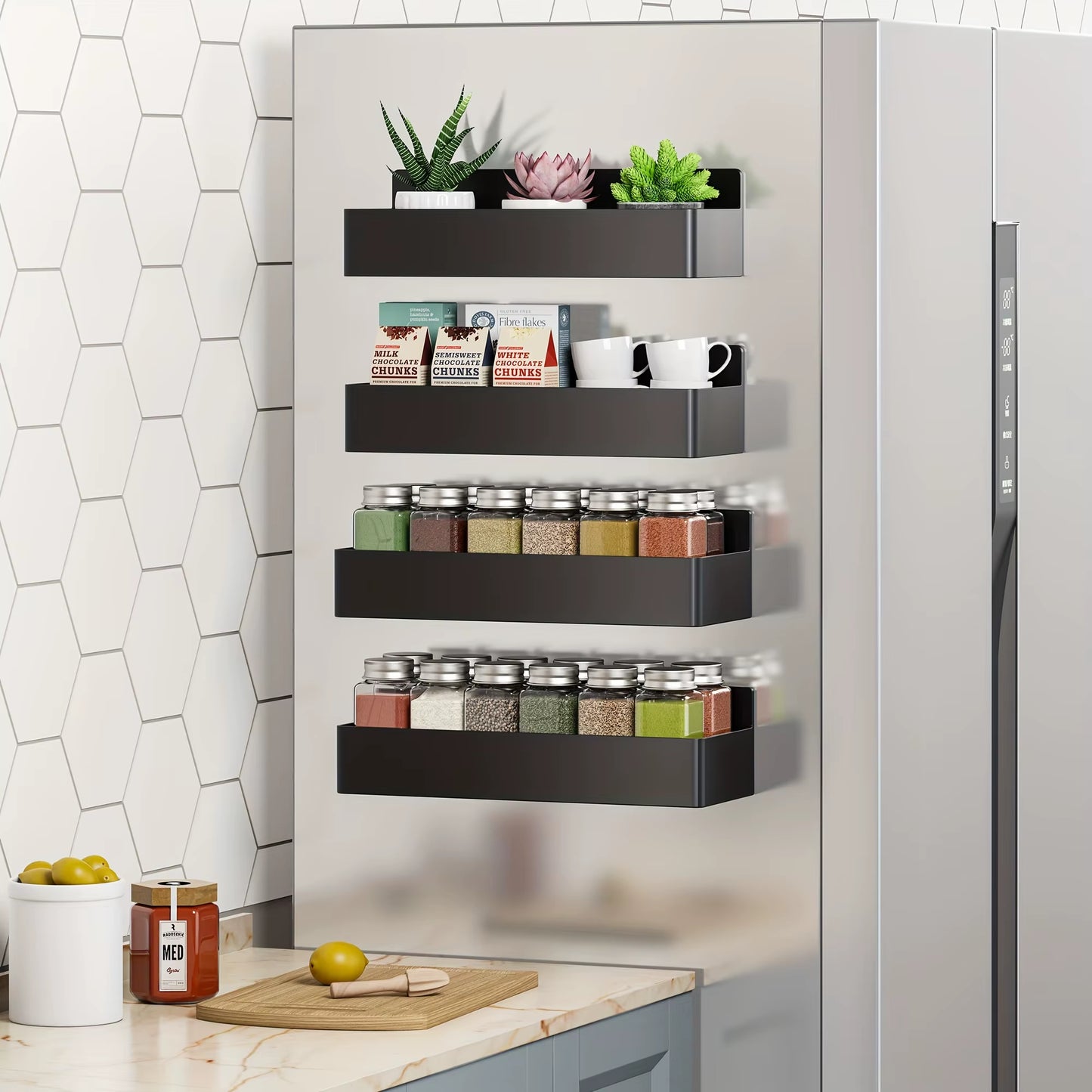 2Pcs/4Pcs Magnetic Storage Rack, No-Drill Wall Mounted Shelf for Kitchen & Bathroom. Multipurpose & Space-Saving Organizer.