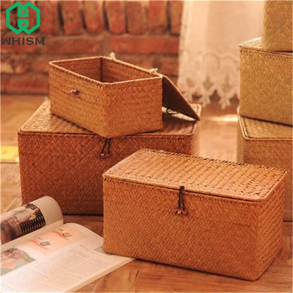 -Wicker Woven Storage Basket with Lid, Rattan Sundries Storage Box, Handmade Sorting Boxes, Seagrass Jewelry Organizer