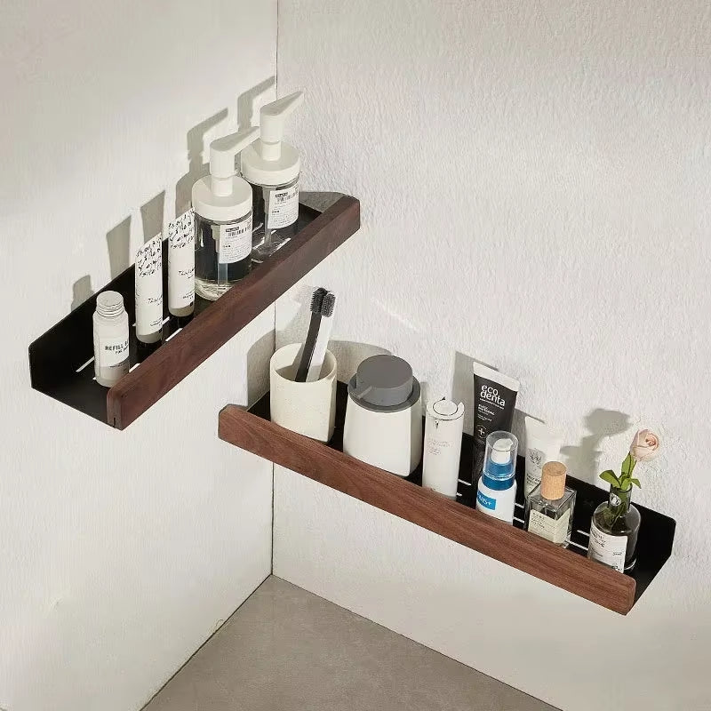 Bathroom Shelf，No Punch Storage Rack，Solid Wood Bathroom Shelves ，Punch-Free Wooden Shelf Wall-Mounted Shower，Toilet Organizer