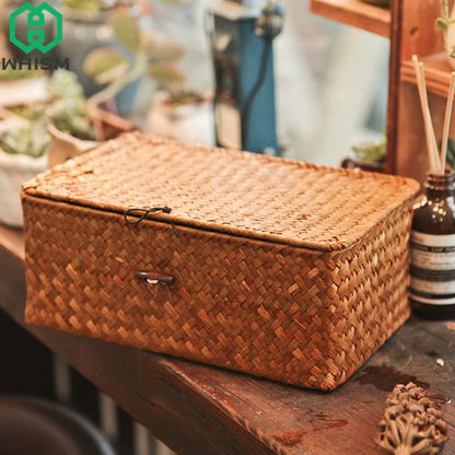 -Wicker Woven Storage Basket with Lid, Rattan Sundries Storage Box, Handmade Sorting Boxes, Seagrass Jewelry Organizer