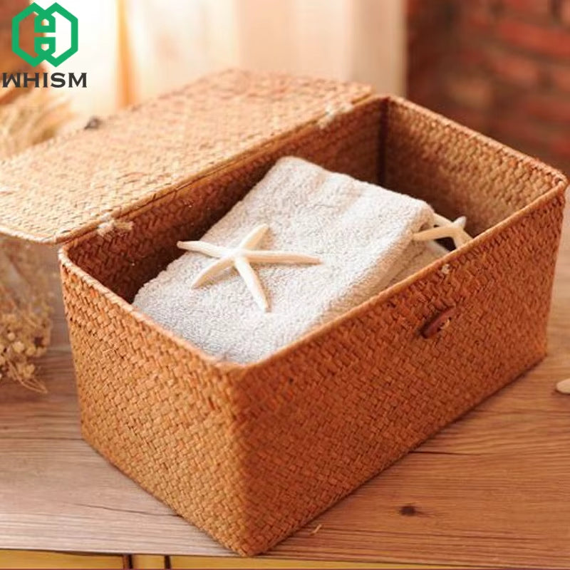-Wicker Woven Storage Basket with Lid, Rattan Sundries Storage Box, Handmade Sorting Boxes, Seagrass Jewelry Organizer